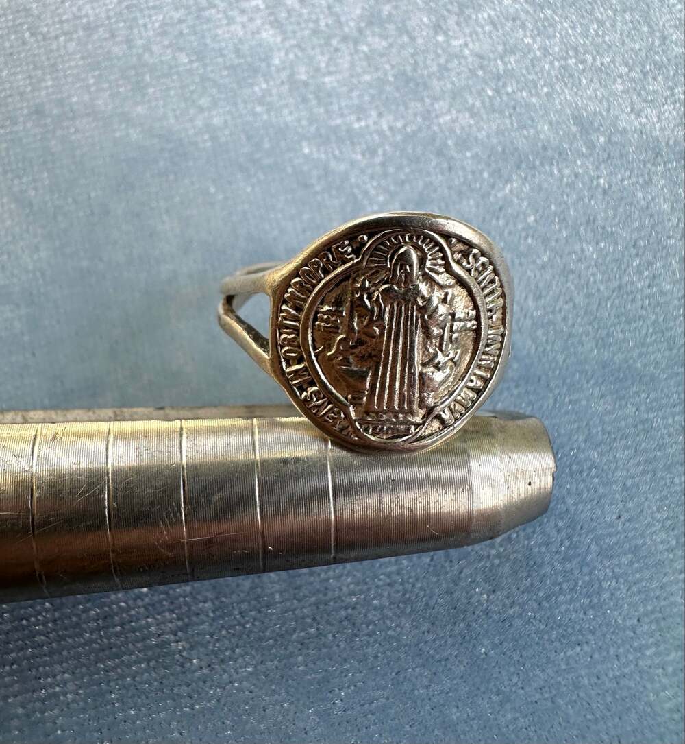 925 Sterling Silver Saint Benedict Signet Ring San Benito Catholic Size 7.5